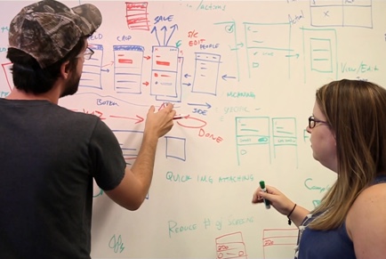 Sam and Kelsey collaborating at a whiteboard